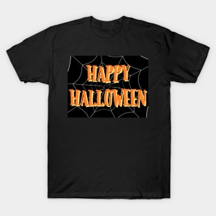 Happy Halloween Spider Web with Orange Lettering on Black Background T-Shirt